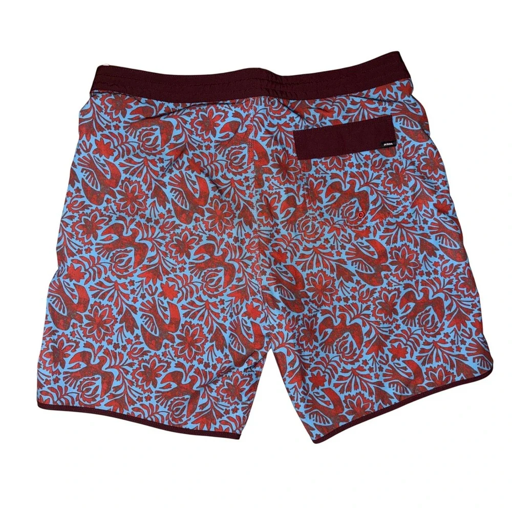 Prana‎ High Seas Board Shorts Mens 36 Red Blue Otomi Bird Floral Swim Trunks H2